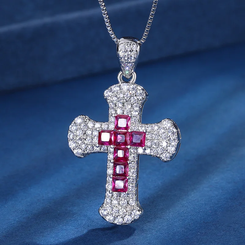 Gold Plated Retro Style Color Gemstone Cross Temperament Fashion Women's Necklace Master 5 * 5 Faith Pendant Men's Charm Party