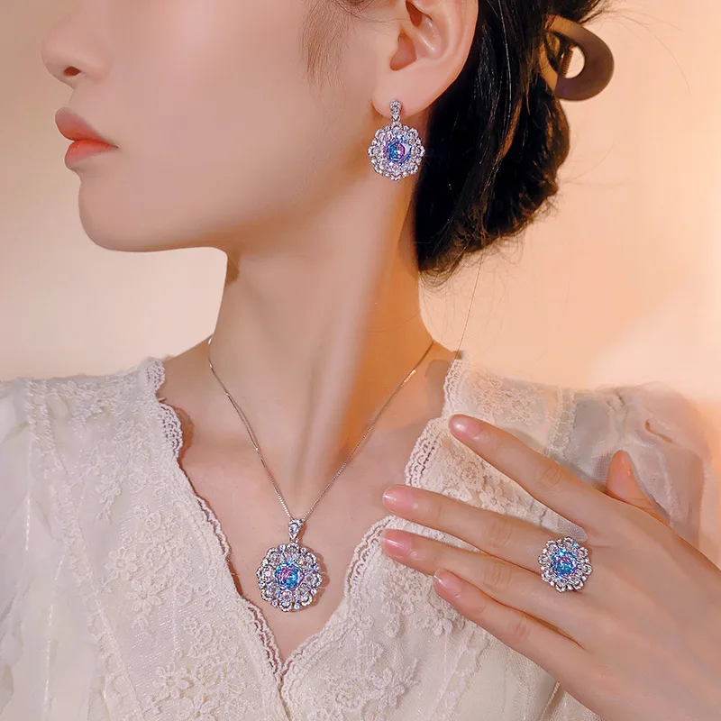 Millennium Cut 12-10mm High Quality Zircon Gradient White Gold Plated Flower Jewelry Set Bridal Wedding Trendy