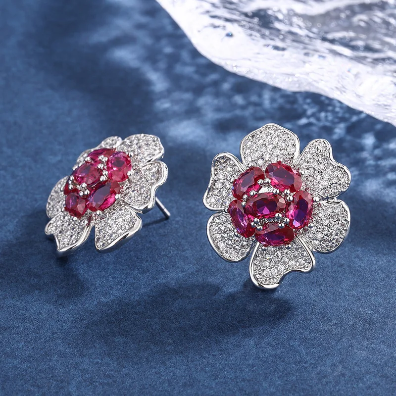 Exquisite Lab Created Ruby S925 Sterling Silver Flower Stud Earrings For Women Popular Luxury Jewelry Valentine's Day Gift
