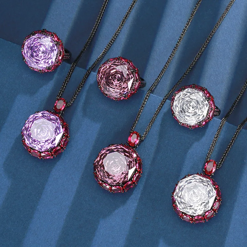 Rose Cut 18-16mm High Quality Zircon Round White Gold Plated Luxury Jewelry Set Wedding Party Fashion
