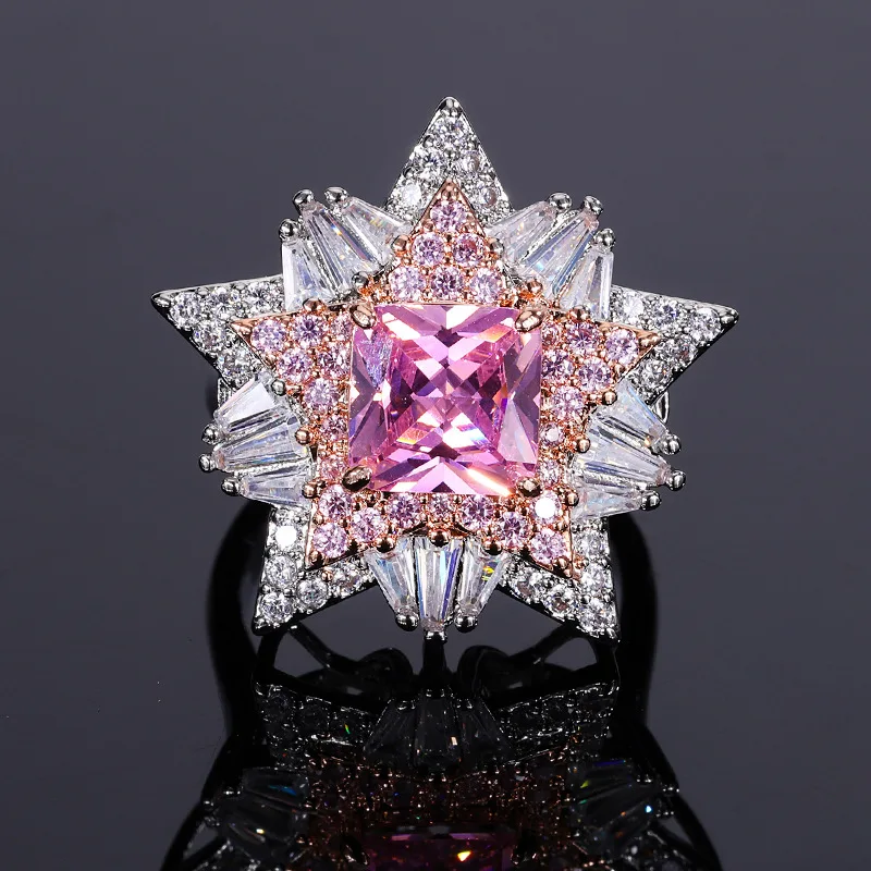 Rhinestones Smart Star Flower Necklace Female Pink Diamond Pentagram Ring Luxury Topaz Zircon Ring Charms Jewellery Women