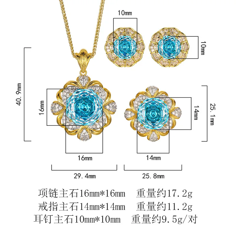 Aqua 16-14mm High Quality Zircon Vintage Brushed White Gold Plated Luxury Jewelry Set Retro Trendy
