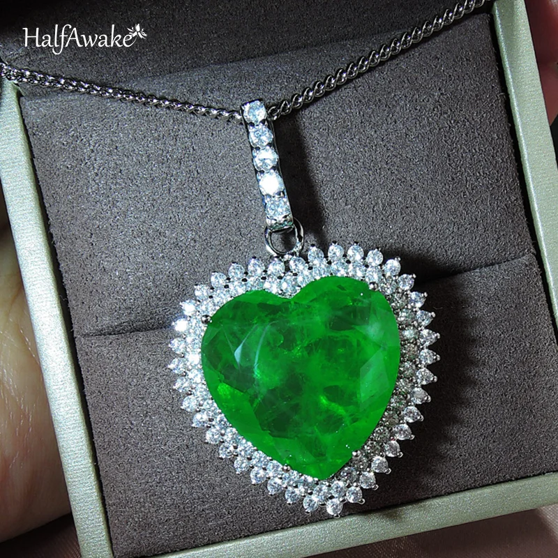 Romantic Lab Created Heart Emerald Paraiba Tourmaline Pendant Necklace Chain Luxury Jewelry Valentine's Day Gift