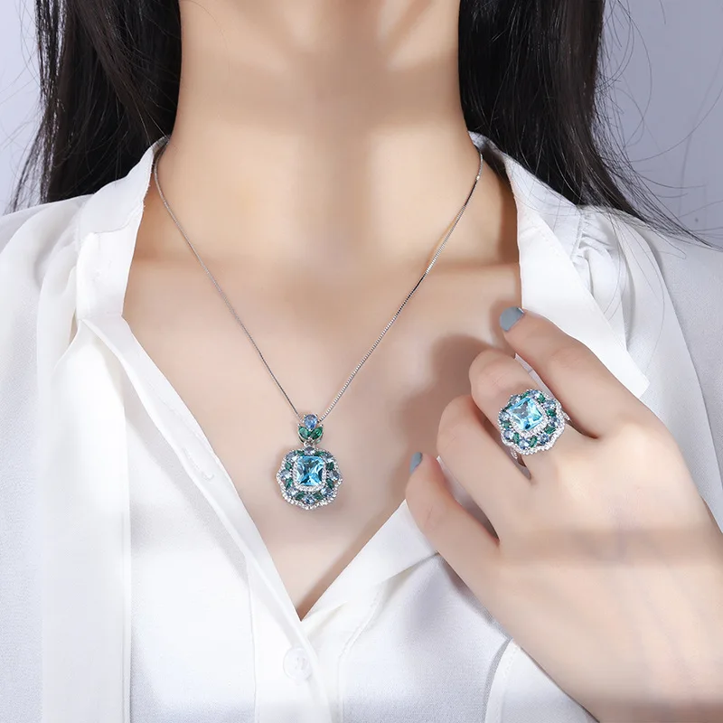 Graceful 8*10mm Paraiba Tourmaline Set Pendant Necklace Ring For Women Luxury Designer Jewelry Set Anniversary Gift Girlfriend