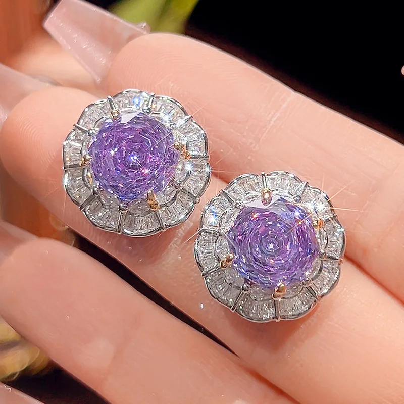 Rose Cut 16-10mm High Quality Zircon Violet White Gold Plated Luxury Jewelry Set Bridal Wedding Gift Trendy
