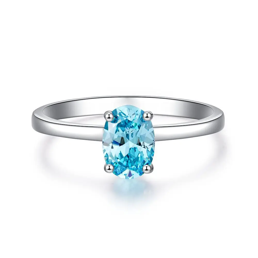 Oval Blue Gemstone Ring S925 Sterling Silver Fine Jewelry For Women Girl Emerald Cut  Lab Grown 5A Zircon High Carbon Diamond