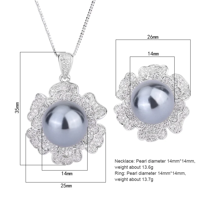 Elegant Artificial Gray Pearl Set 925 Silver Original Flower Pendant Necklace Earrings For Women Vintage Jewelry Anniversary