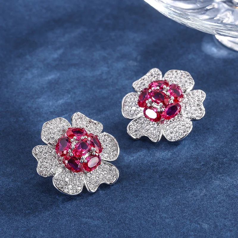 Exquisite Lab Created Ruby S925 Sterling Silver Flower Stud Earrings For Women Popular Luxury Jewelry Valentine's Day Gift