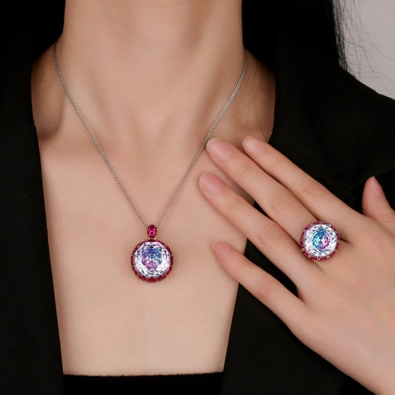 18mm Big Blue Pink Zircon Diamond Jewelry Set For Women Girl  Sparkling Rose Cut Stone Necklace Adjustable Ring Wedding Gift
