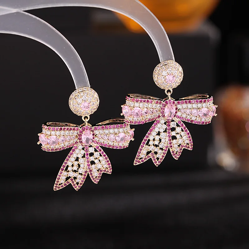 Pink Red Cubic Zirconia Bowknot Stud Earrings for Women S925 Silver Needle Valentine's Day Gift