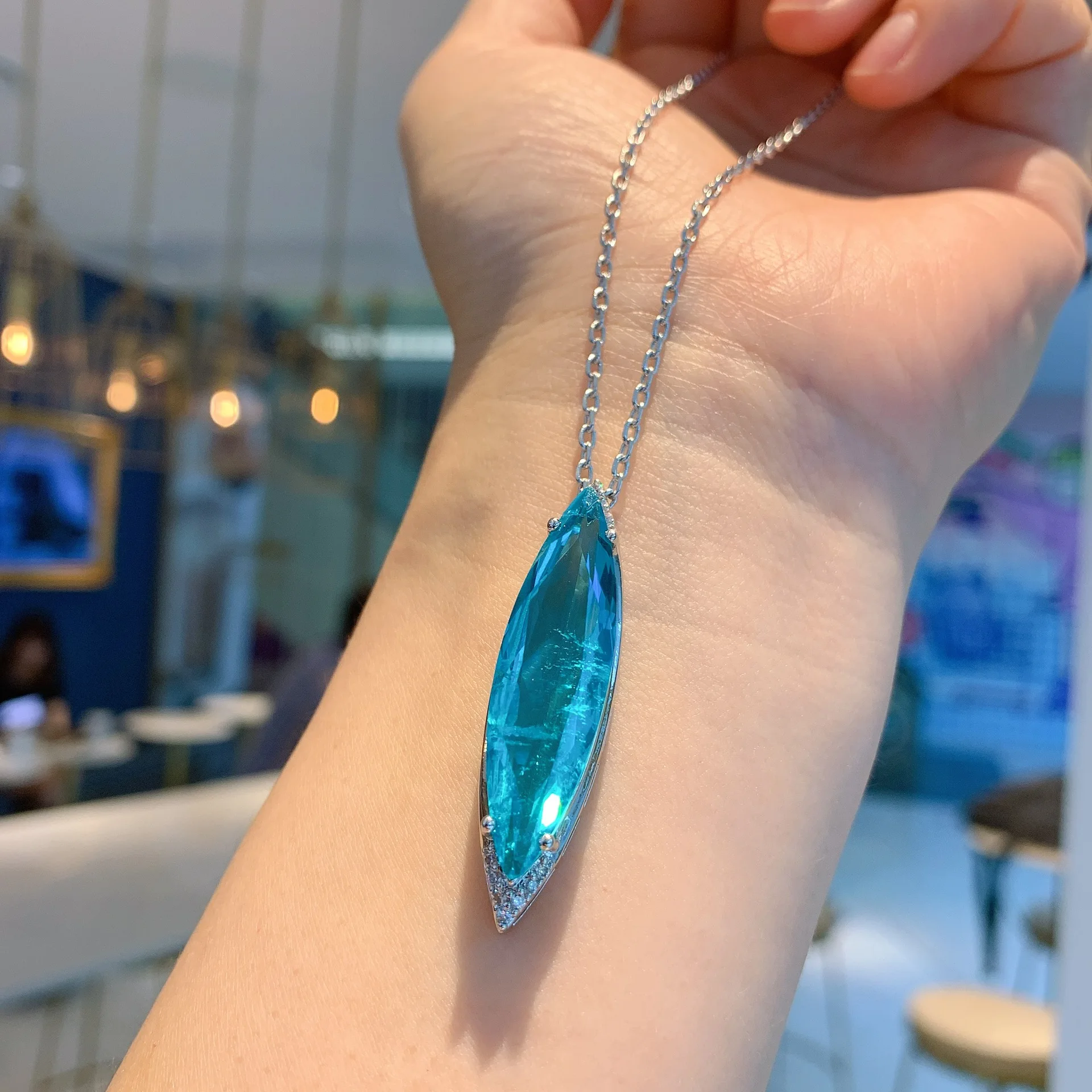 European And American Style Blue Paraiba Gemstone Earrings Necklace Jewelry Set Earrings 8*27 Pendant 10*35 Women's Jewelry Gift