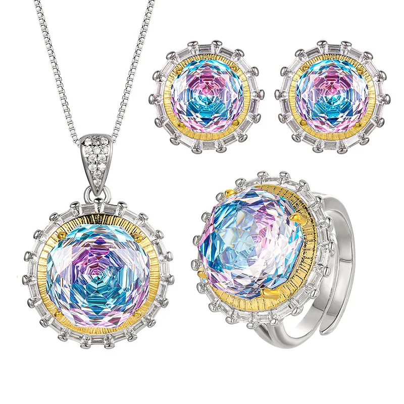 Millennium Cut 14-10mm High Quality Zircon Gradient White Gold Plated Round Jewelry Set Best Selling Trendy