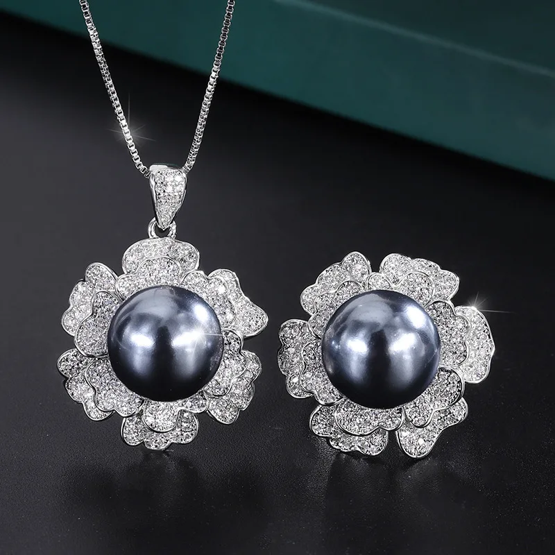 Elegant Artificial Gray Pearl Set 925 Silver Original Flower Pendant Necklace Earrings For Women Vintage Jewelry Anniversary