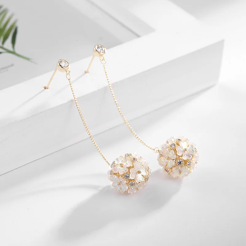 Korean Cute Flower Ball 925 Silver Needle Earrings For Women Girl Wedding Engagement OL Zircon Shell Drop Earrings New Trend