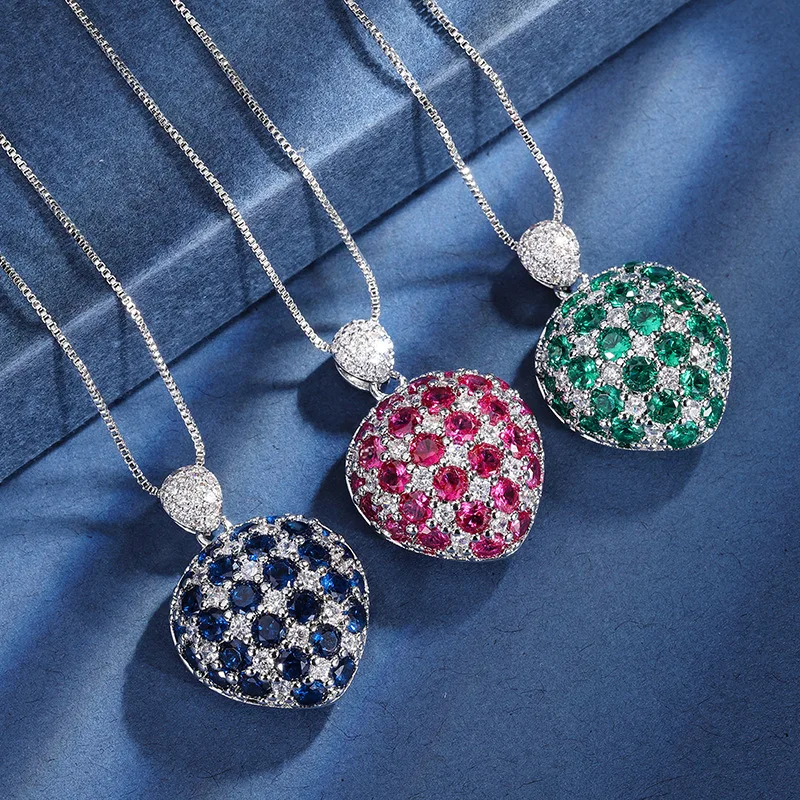 925 Silver Women's Necklace Korean Version Temperament Color Gem Heart Pendant European American Style Sweet Romantic Jewelry