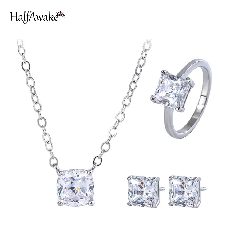 Classic White High Carbon Diamond Necklace Jewelry Set Silver 925 Stud Earrings Ring For Women Luxury Engagement Wedding Girl