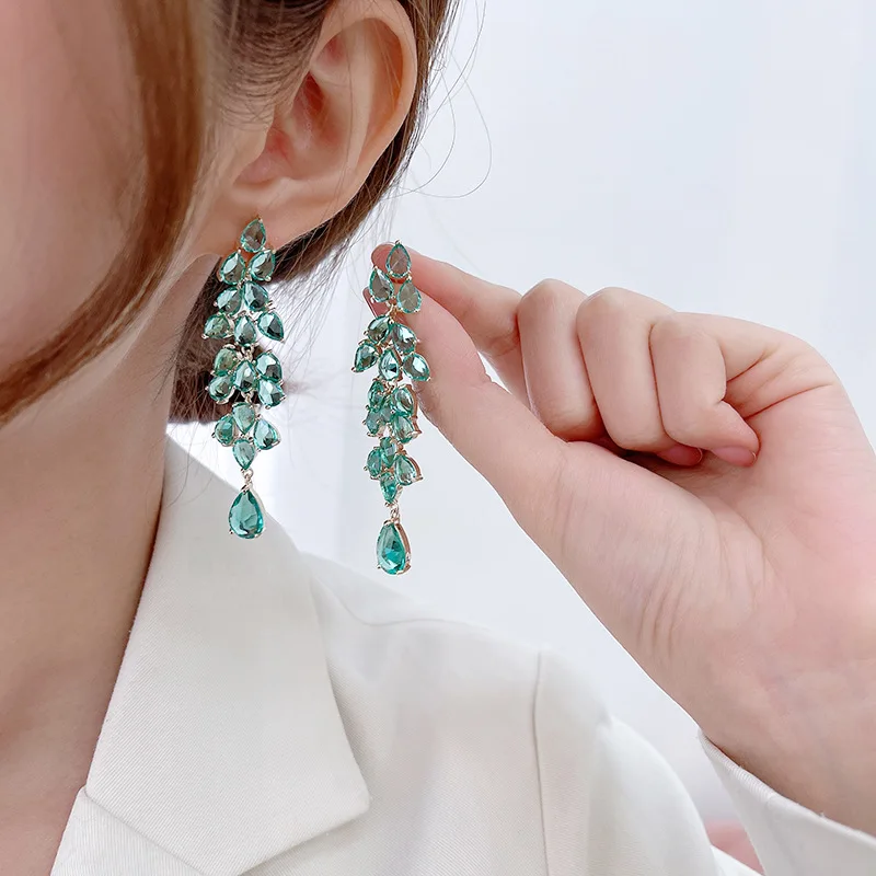Fashion Tassel Green Purple Smart Leaf Zircon Earrings For Women Wedding Evening Dress Accessories Silver Plated Needle Jewelry