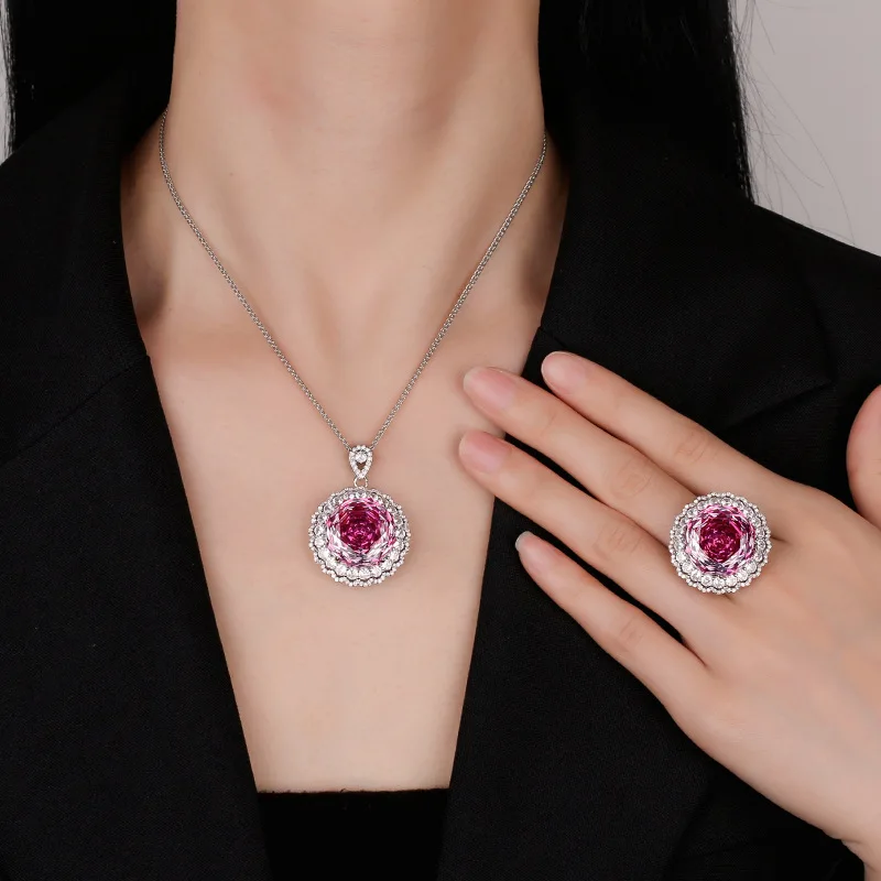 Rose Cut 18mm High Quality Zircon Dragon Fruit Color White Gold Plated Luxury Jewelry Set Bridal Wedding Gift Trendy Elegant