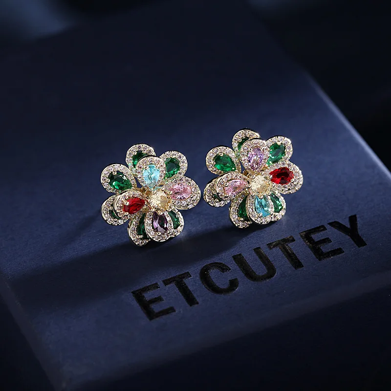 Double Layers Color Zircon Flower Earrings For Women Female Wedding Engagement Real Ag Needle HQD Stud Earrings New Trend