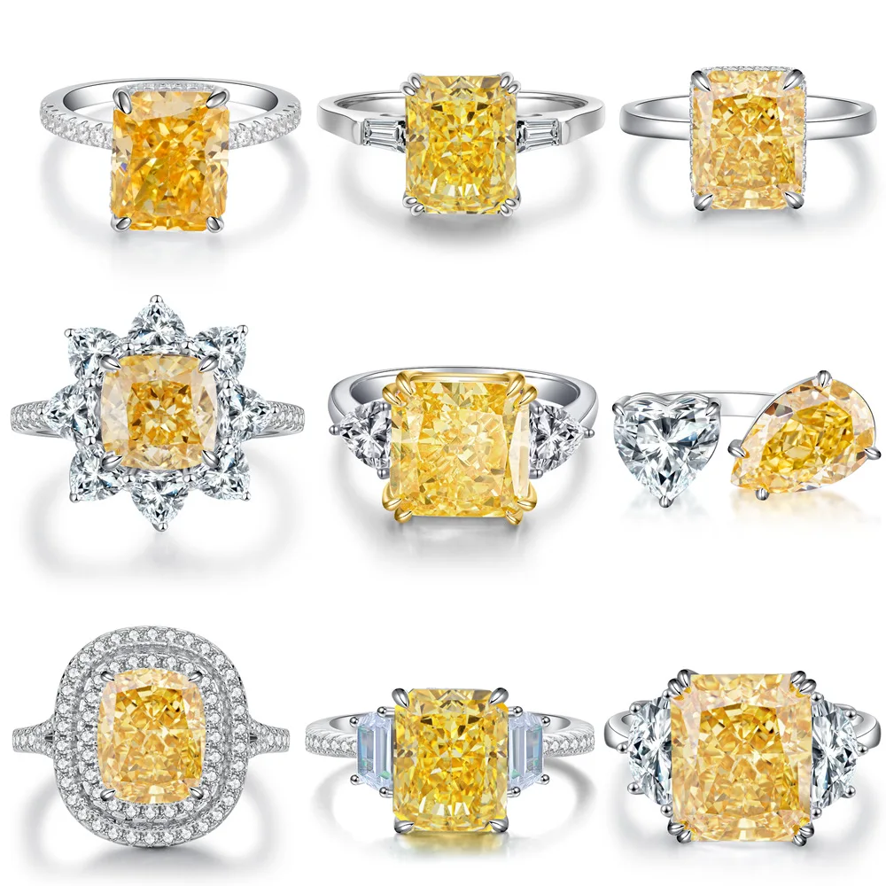 Yellow 5A Zircon S925 Sterling Silver Square Radiant Cut Ring For Women Girl Ice Flowers Wedding Ring Luxury Fine Jewelry Gift