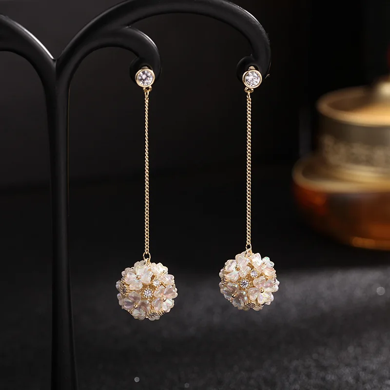 Korean Cute Flower Ball 925 Silver Needle Earrings For Women Girl Wedding Engagement OL Zircon Shell Drop Earrings New Trend