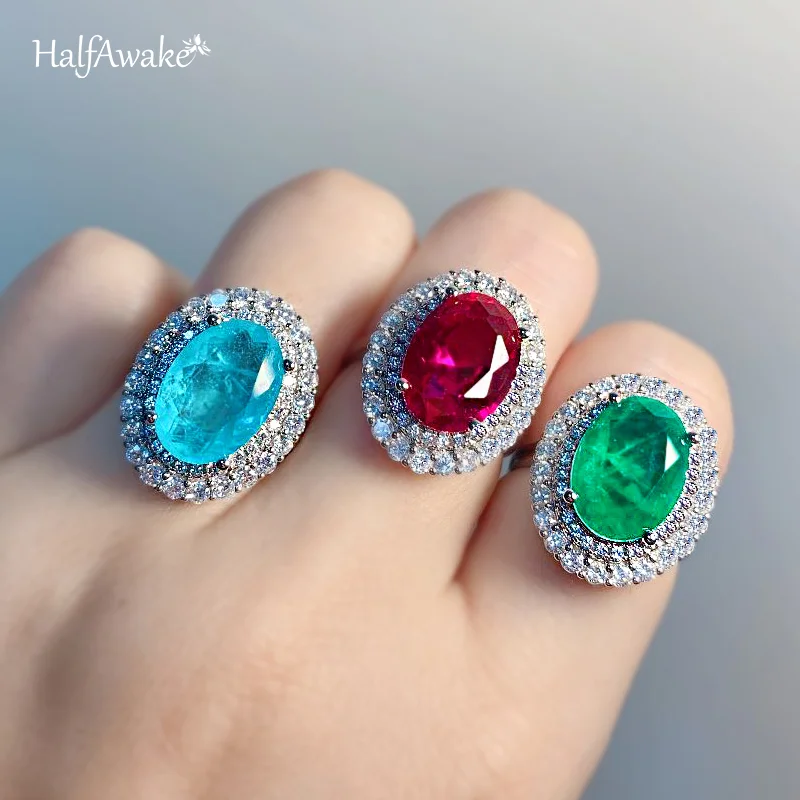 Hot Oval Emerald Paraiba Ruby Big Ring For Women Wedding Party Evening Dress Retro Gemstone Massive Zircon Around Fine Jewelry