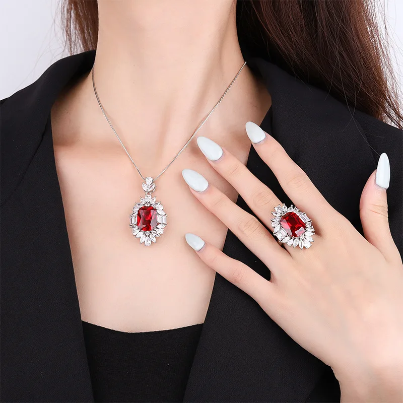 Wedding Jewelry Plating Ruby Sapphire Treasure Fat Rectangular Royal Luxury Retro Set For Women 12*16 Charm Banquet Gift
