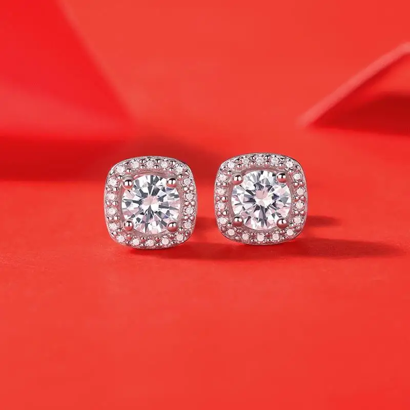 Elegant Four Claw Halo Round Moissanite Stud Earrings For Women Piercing S925 Sterling Silver Original Certified Vintage Jewelry