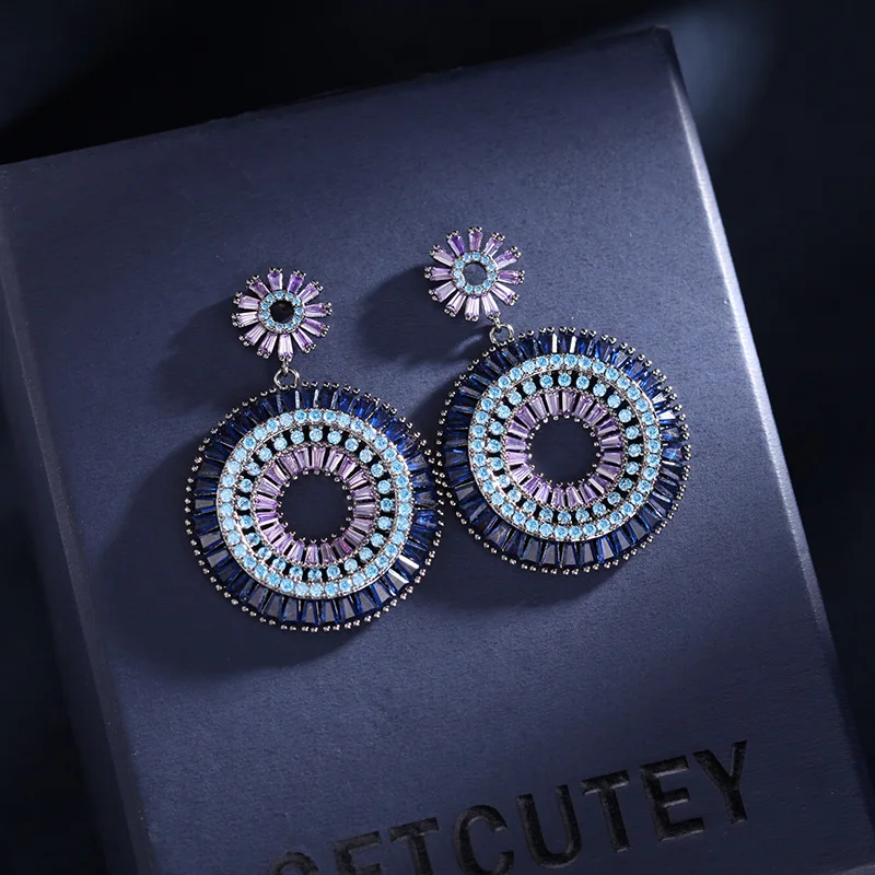 Delicate Pink Blue Hoop Round Cubic Zirconia Stud Earrings For Women S925 Silver Needle Piercing Popular Party Accessories