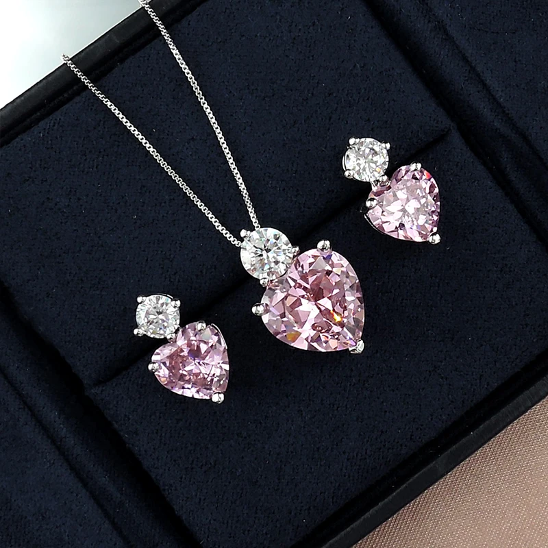 Romantic Pink Heart High Carbon Diamond S925 Silver Jewelry Set Pendant Necklace Earrings For Women Luxury Valentine's Day Gift