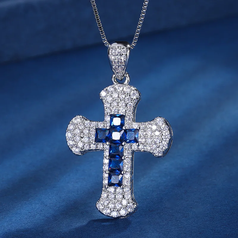 Gold Plated Retro Style Color Gemstone Cross Temperament Fashion Women's Necklace Master 5 * 5 Faith Pendant Men's Charm Party