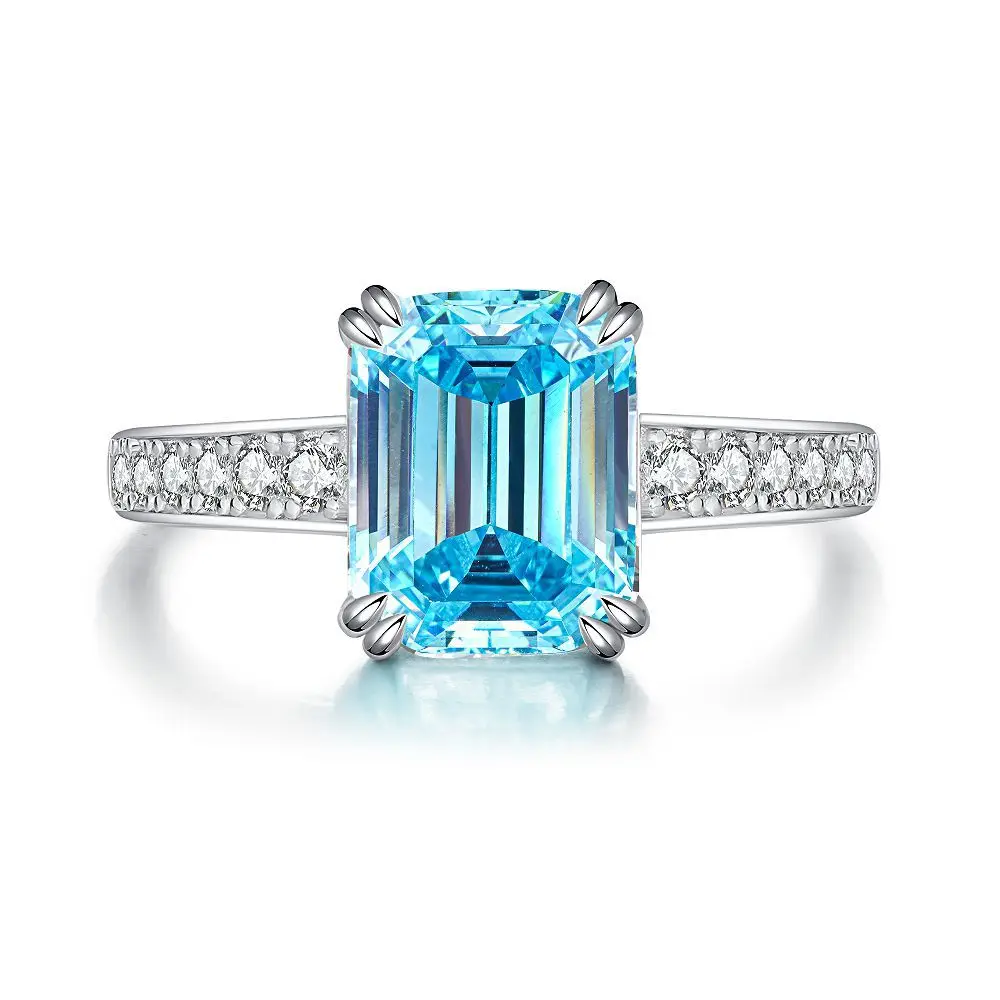 Oval Blue Gemstone Ring S925 Sterling Silver Fine Jewelry For Women Girl Emerald Cut  Lab Grown 5A Zircon High Carbon Diamond