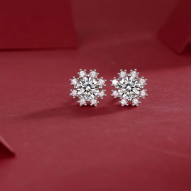 Elegant Four Claw Snowflake Moissanite Stud Earrings For Women S925 Sterling Silver Original Certified Anniversary Gift Jewelry