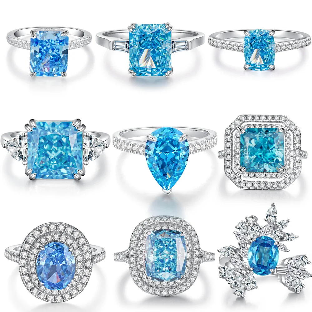 Oval Blue Gemstone Ring S925 Sterling Silver Fine Jewelry For Women Girl Emerald Cut  Lab Grown 5A Zircon High Carbon Diamond