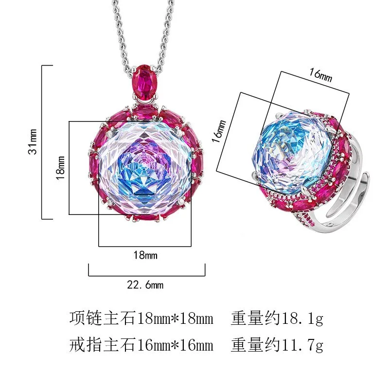 18mm Big Blue Pink Zircon Diamond Jewelry Set For Women Girl  Sparkling Rose Cut Stone Necklace Adjustable Ring Wedding Gift