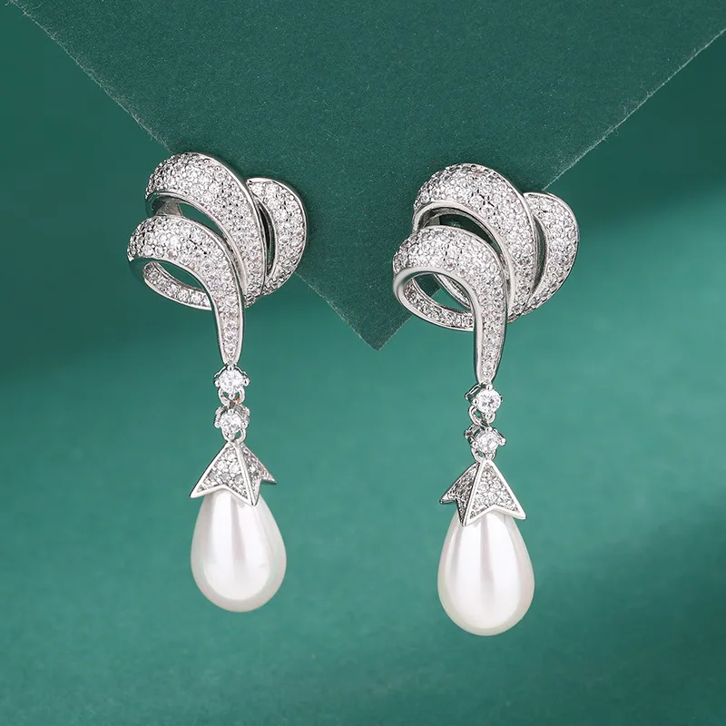 Elegant Artificial Pearl Luxury Jewelry Set For Women Bowknot Silver Alloy Necklace Earrings Popular Engagement Wedding