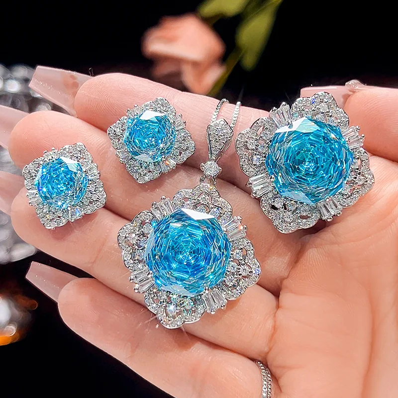 Millennium Cut 16-10mm High Quality Zircon Aqua Blue White Gold Plated Elegant Jewelry Set Party Trendy
