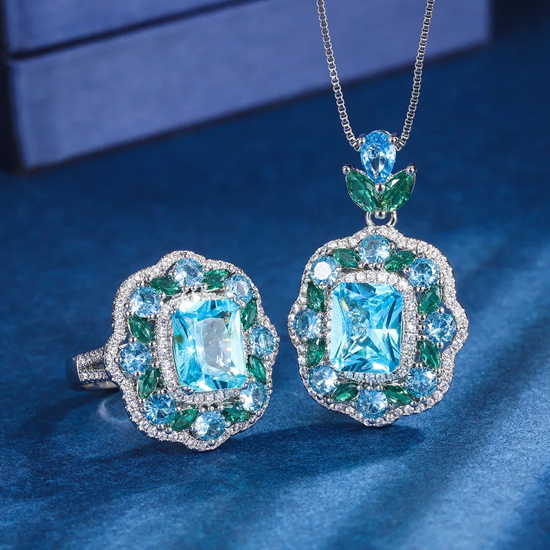 Graceful 8*10mm Paraiba Tourmaline Set Pendant Necklace Ring For Women Luxury Designer Jewelry Set Anniversary Gift Girlfriend