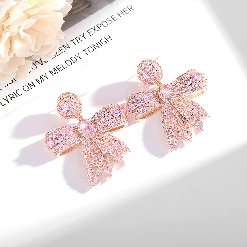 Pink Red Cubic Zirconia Bowknot Stud Earrings for Women S925 Silver Needle Valentine's Day Gift
