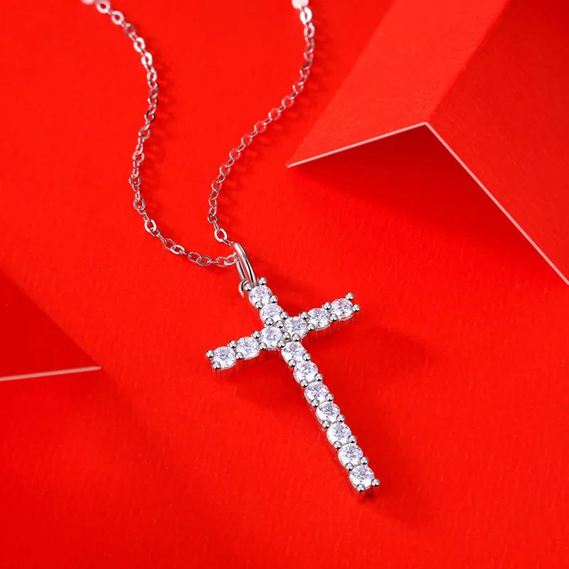 925 Silver Original Cross Pendant Necklace Sparkling Moissanite Timeless Symbol Men's Women's Neck Chain High Quality Jewelry