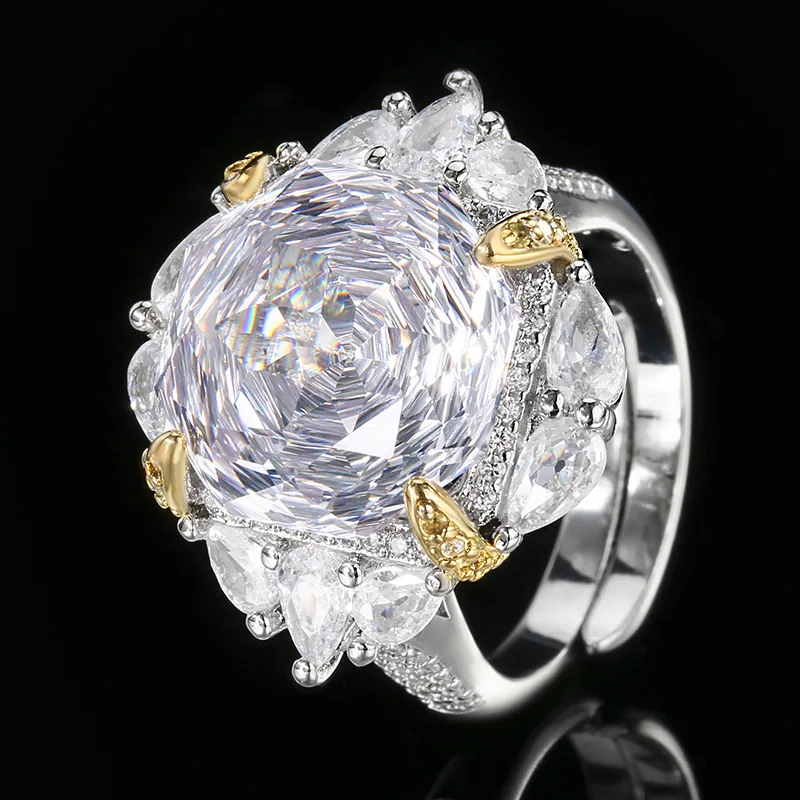 Rose Cut 14mm High Quality Zircon White Gold Plated Luxury Jewelry Set Stackable Wedding Anniversary Trendy