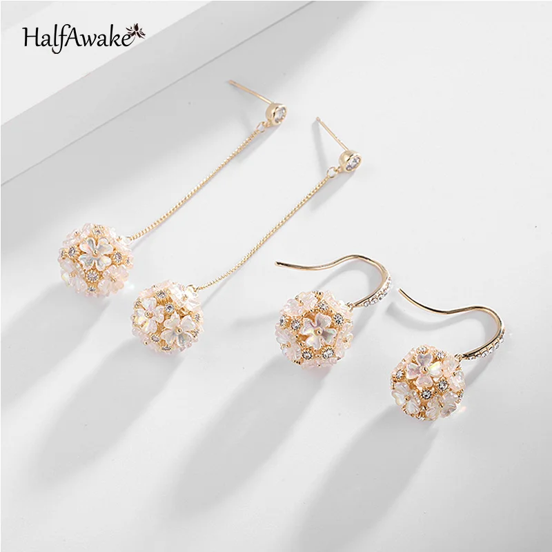 Korean Cute Flower Ball 925 Silver Needle Earrings For Women Girl Wedding Engagement OL Zircon Shell Drop Earrings New Trend