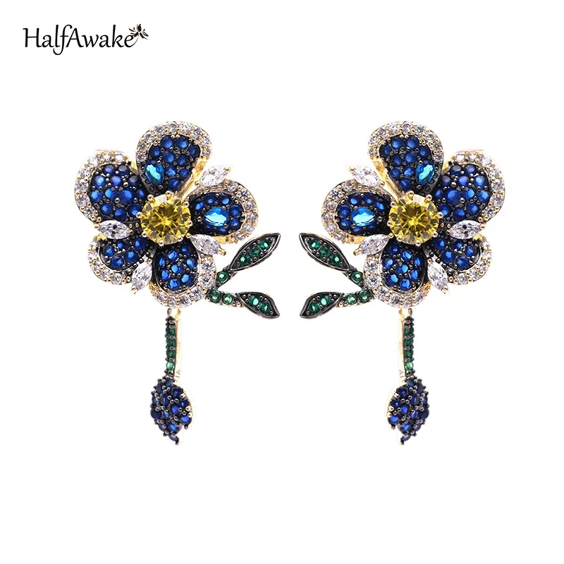 Korean Style HQD Full Zircon Flower Smart Leaf Earrings For Women Female Real Ag Needle Gothic Stud Earrings New Trend