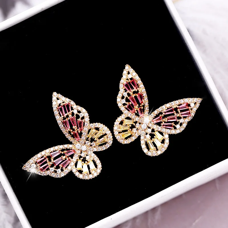 New Fashion Hollow Elegant Butterfly Earrings For Women Colorful Zircon Light Luxury Silver Plated Earrings Jewelry New Trend