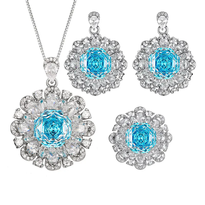 Millennium Cut 12-10mm Zircon Aqua White Gold Plated Blue Flower Big Necklace Earring Ring Jewelry Set Casual Fashion