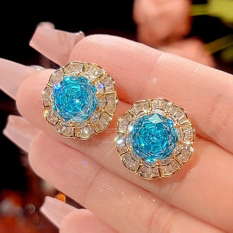 Aqua 16-14mm High Quality Zircon Vintage Brushed White Gold Plated Luxury Jewelry Set Retro Trendy