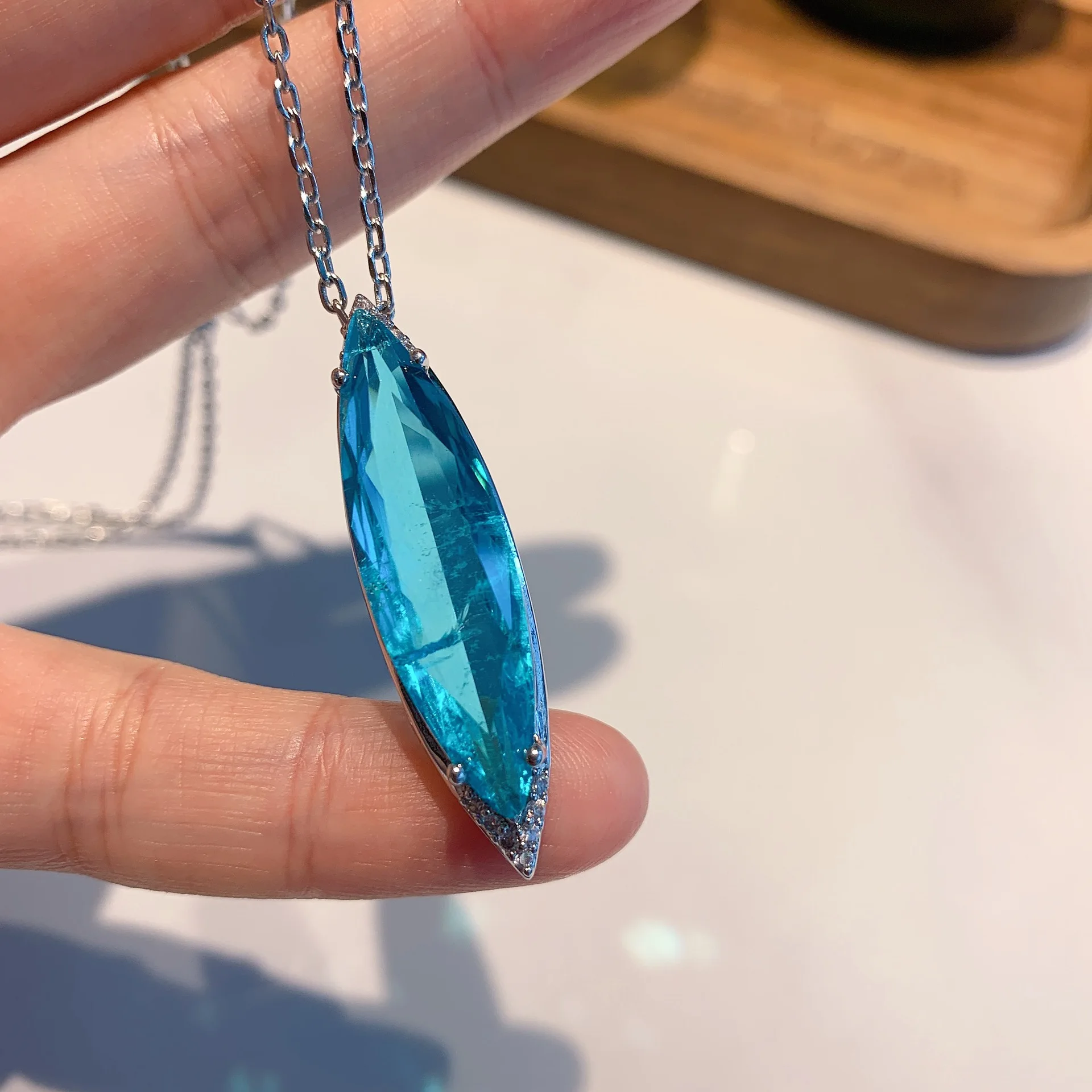 European And American Style Blue Paraiba Gemstone Earrings Necklace Jewelry Set Earrings 8*27 Pendant 10*35 Women's Jewelry Gift