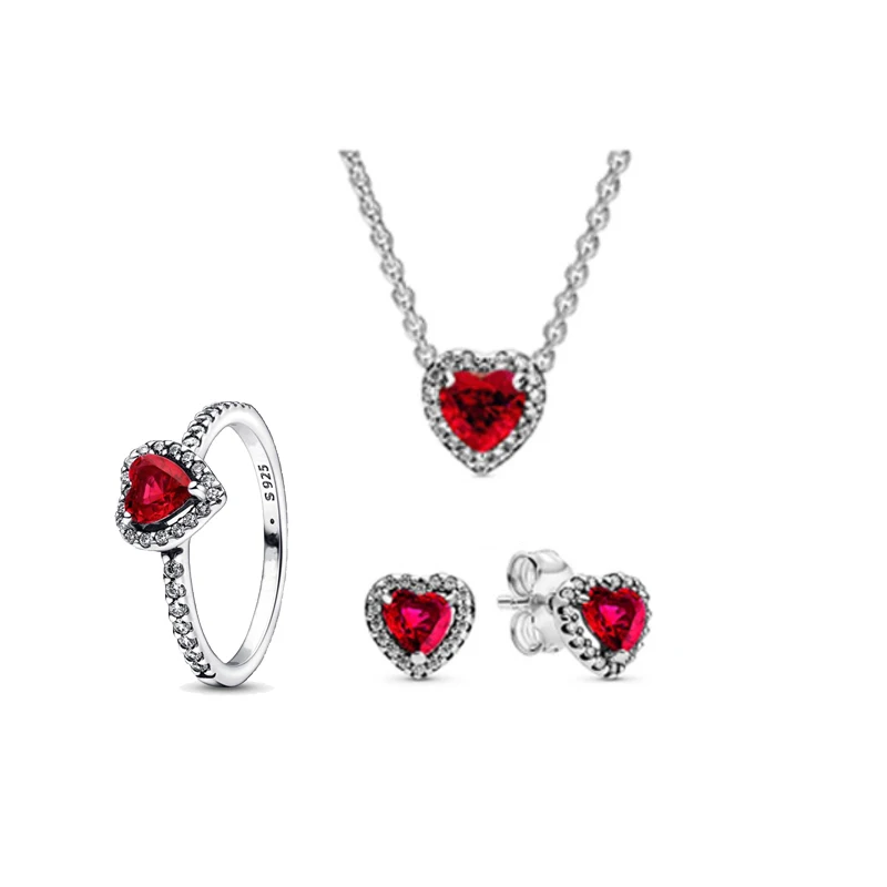 925 Silver Love Charm Necklace Ring Earrings Set Jewelry Dark Red Pink Romantic Valentine's Day Women's Family Gift Personality