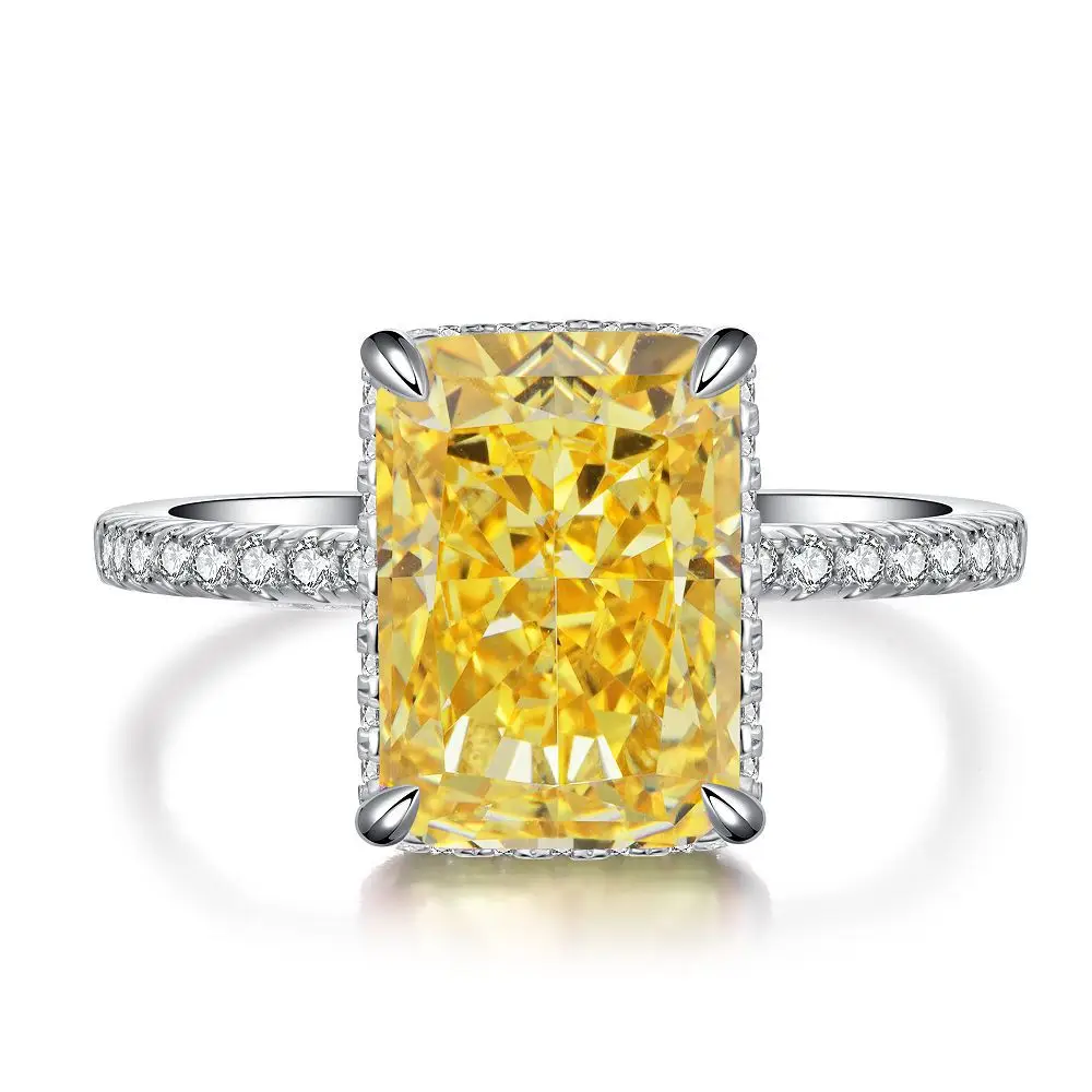 Yellow 5A Zircon S925 Sterling Silver Square Radiant Cut Ring For Women Girl Ice Flowers Wedding Ring Luxury Fine Jewelry Gift