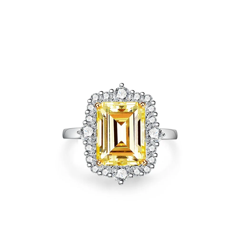 Yellow 5A Zircon S925 Sterling Silver Square Radiant Cut Ring For Women Girl Ice Flowers Wedding Ring Luxury Fine Jewelry Gift